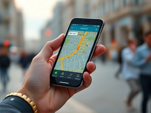 A close-up shot of a tourist's hand holding a smartphone, actively navigating a travel app with a brightly lit city map, showcasing real-time urban exploration and digital convenience.