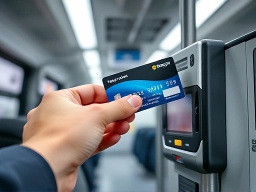 Close-up of a person's hand holding a modern transportation card, about to tap it on a bus card reader, with a blurred bus interior in the background. SEO keywords: transportation card, public transport payment, card tapping, bus scanner.