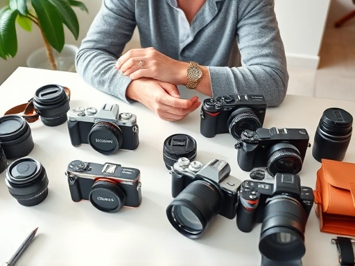 A person thoughtfully choosing between various compact and mirrorless travel cameras on a table, with diverse lenses and photography accessories surrounding them, emphasizing decision-making for a trip, bright natural lighting, modern design.