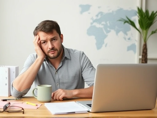 A person looking stressed while using a laptop to cancel a trip, with a focus on minimizing financial loss, detailed with travel documents and a calendar.