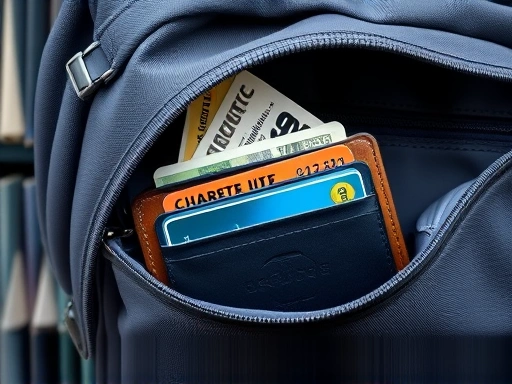Close-up of a wallet containing various currencies and credit cards, secured within a travel backpack, representing smart travel fund diversification and safety measures.
