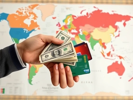 A person counting cash and credit cards in front of a world map, symbolizing travel emergency fund preparation and financial readiness for an unexpected journey.