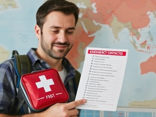 A traveler calmly looking at a first-aid kit and emergency contacts list on a map, emphasizing travel emergency preparedness.