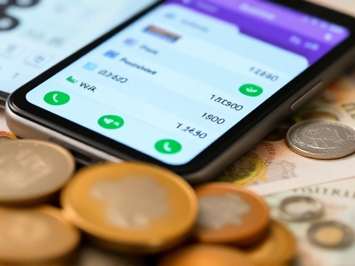Close-up of a smartphone screen displaying a currency exchange app, with international coins and banknotes blurred in the foreground, emphasizing financial management and global connectivity.