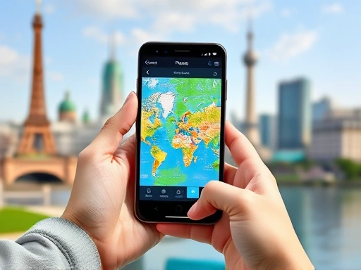 A person holding a smartphone with a map app open, showing famous global landmarks in the background, vibrant and modern travel scene, focusing on navigation and discovery.