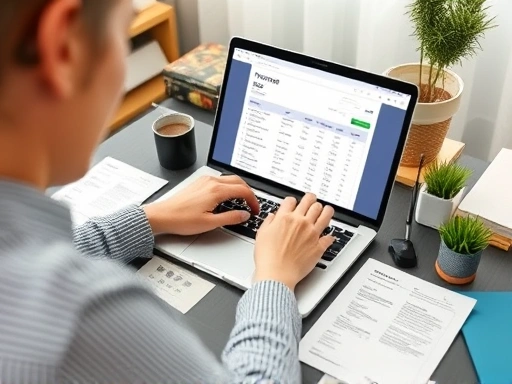 A person meticulously organizing travel receipts on a laptop, with digital tools and physical papers, in a neat and organized home office setting, focusing on financial clarity.