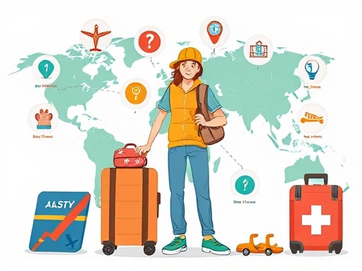 A detailed illustration showing a person securely traveling with various safety symbols, representing the peace of mind from travel insurance, with luggage, passport, and a global map background, incorporating keywords like secure travel, peace of mind, global safety.