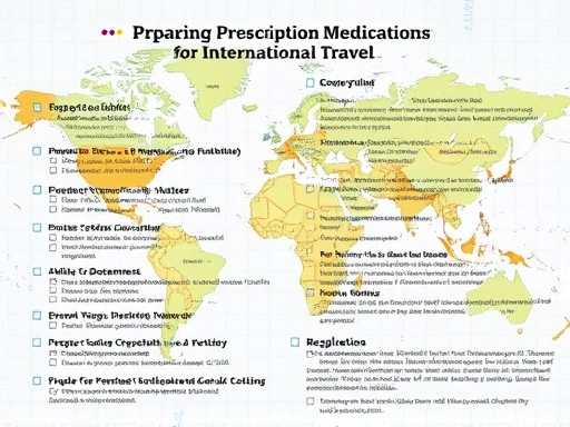 A detailed checklist for preparing prescription medications for international travel, including documents, packing, and regulations, on a world map background, professional and informative style.