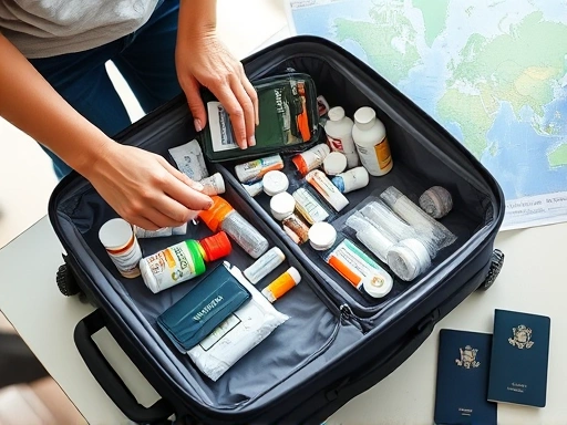 A person carefully packing various medicines and a travel medical kit into a suitcase, with travel maps and passports visible on a table, representing thorough preparation for a trip, bright and organized scene.