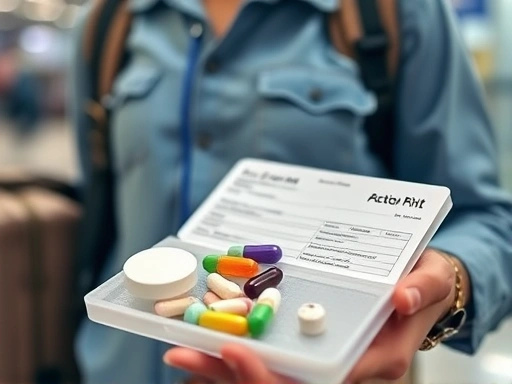 Close-up shot of a traveler holding a medical kit with various pills and a doctor's prescription, emphasizing the importance of organized medication for international travel, with a blurred airport background.