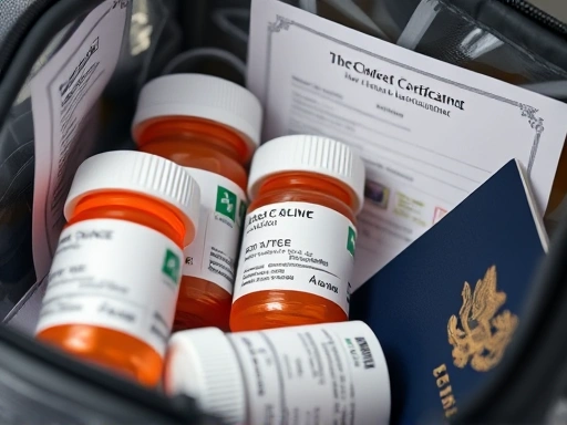 Close-up of neatly organized prescription medication bottles in a clear travel bag, with a medical certificate and passport visible, emphasizing safe and proper storage for travel.