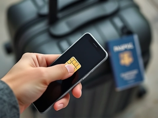 Close-up of a hand inserting a foreign SIM card into a smartphone, with a blurred background showing a suitcase and a passport, emphasizing the physical act of switching for overseas connectivity.
