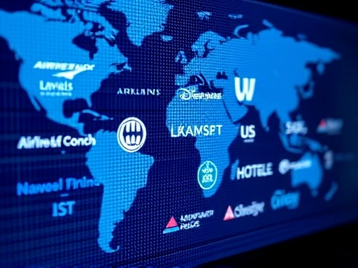 A close-up of a digital screen displaying various airline and hotel loyalty program logos, with a blurred map of the world in the background, symbolizing global travel opportunities through accumulated points. Emphasizes digital integration and diverse programs.