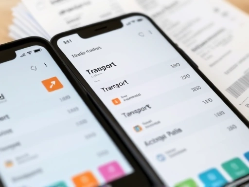 Close-up of a smartphone screen showing a travel expense tracking app with various categories like food, transport, and accommodation, alongside a stack of neatly organized physical receipts, highlighting digital integration.
