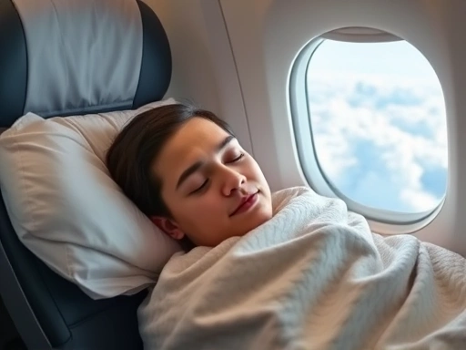 A person sleeping peacefully on an airplane, surrounded by soft light and a comfortable blanket, depicting calm travel sleep with a blurred background of clouds and a subtle time zone change representation, focusing on travel comfort and sleep. 