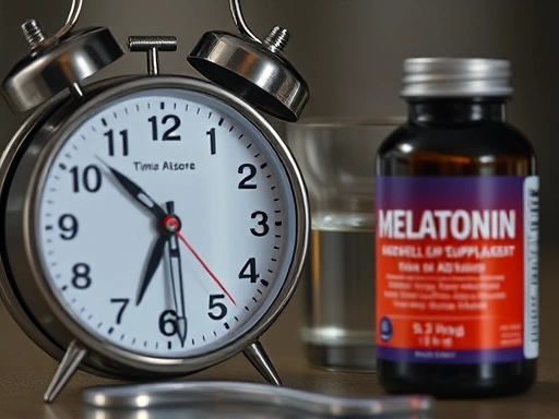 A close-up shot of an alarm clock showing a different time zone, next to a glass of water and a melatonin supplement bottle, emphasizing sleep adjustment and preparation for travel.