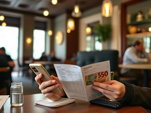 A person in a cafe setting abroad, looking at their phone and a bill, calculating tips with local currency visible. The scene should convey a sense of careful consideration and cultural immersion, with soft lighting and an open, inviting atmosphere.