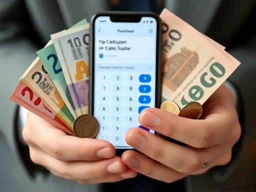 A close-up shot of hands holding different international currency bills and coins, with a smartphone showing a tip calculator app in the background, implying preparation and detailed payment. Focus on clarity and practical tools.
