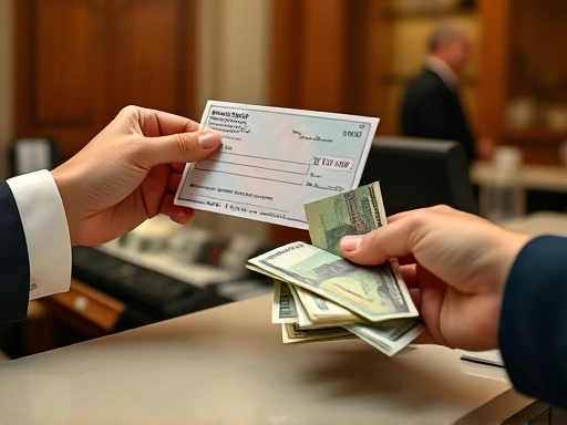 A close-up shot of hands exchanging a traveler's check and receiving foreign currency at a classic bank counter, highlighting the secure transaction process and traditional financial methods in a detailed scene.