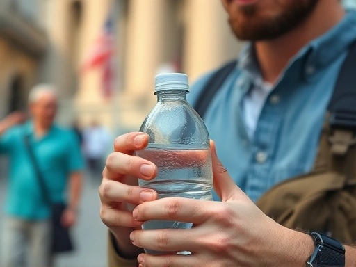 Close-up of a traveler carefully opening a sealed bottle of water in a foreign city, highlighting safe hydration and avoiding food poisoning during overseas trips. 