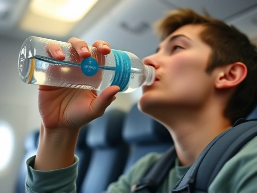 A close-up shot of a traveler hydrating by drinking water from a bottle during a long flight. The focus is on the act of drinking and the water bottle, with blurred airplane interior in the background, emphasizing hydration and long-haul-flight-health. 