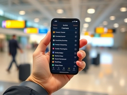 A close-up shot of a traveler's hand holding a smartphone displaying an emergency contact list, with a blurred background of an international airport terminal, symbolizing readiness.