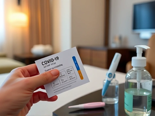 A close-up shot of a person using a self-test kit for COVID-19 in a hotel room, with a thermometer and a bottle of hand sanitizer nearby, emphasizing personal health monitoring during travel.