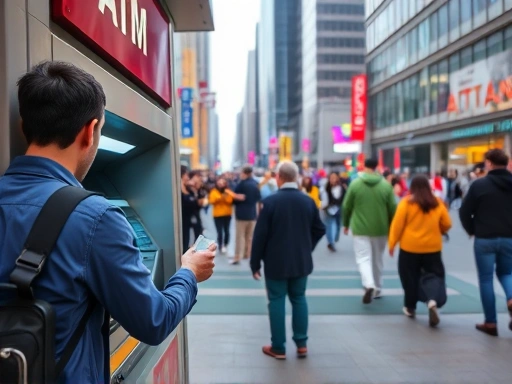 A person withdrawing cash from an ATM in a bustling foreign city, showing modern architecture and diverse people in the background, highlighting the ease of overseas ATM usage.