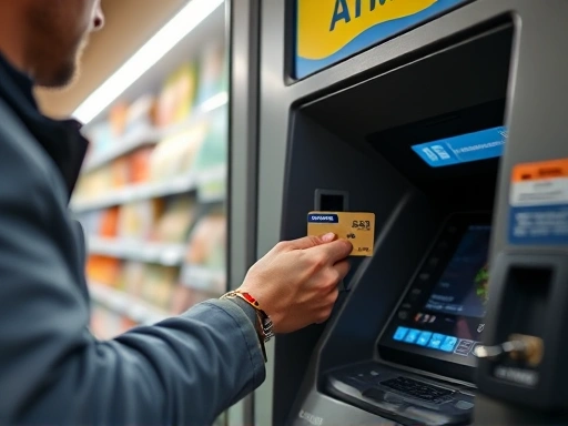 A close-up shot of a traveler inserting an international credit card into an ATM machine inside a brightly lit convenience store, with various local currency bills and travel essentials visible nearby, demonstrating convenience, financial services.