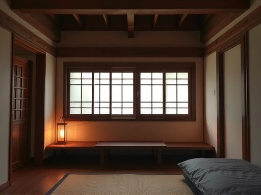 A close-up shot of a cozy, minimalist interior of a unique hanok (traditional Korean house) accommodation, featuring wooden beams, traditional paper windows, and a warm, inviting atmosphere. Keywords: hanok, traditional house, cozy, interior, unique stay.