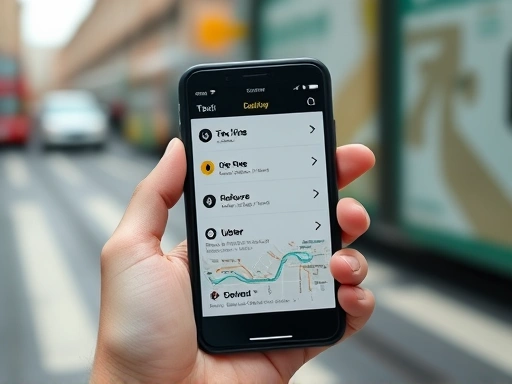 A close-up shot showing a hand holding a smartphone with a ride-hailing app open, displaying options for taxi, ride-share (Uber), and public transport (subway map), illustrating the decision-making process for urban mobility with a focus on ease of access via technology.