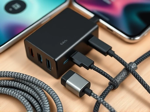 A close-up shot of an assortment of modern charging equipment including a multi-port USB-C GaN charger and durable braided USB-C cables, highlighting their technological advancements and organized connections.