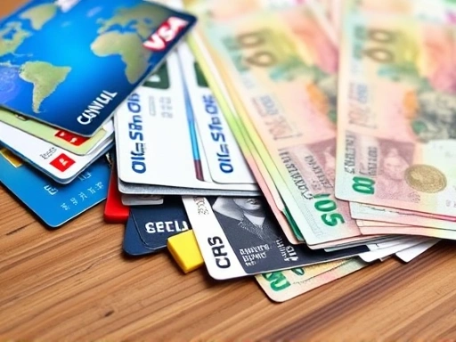 A close-up shot of various international payment cards and different currency banknotes neatly arranged on a wooden table, emphasizing fee saving and travel money management.