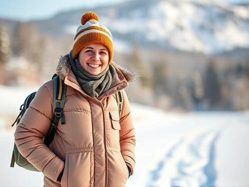 A person warmly dressed in layers, looking happy and comfortable in a snowy, scenic winter landscape, with a small backpack near them, embodying essential winter travel packing. (Keywords: winter travel, essential packing, warm clothes, snowy landscape)