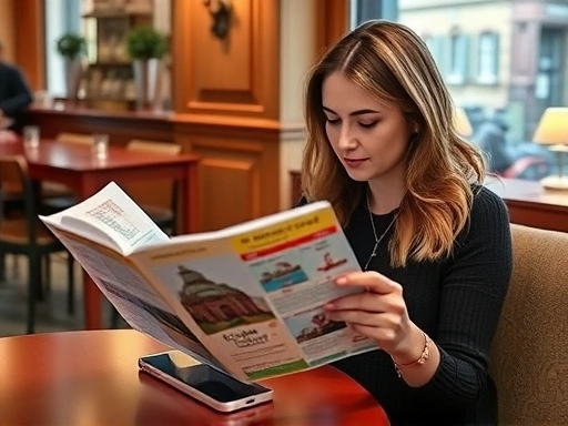 A woman sitting in a cozy cafe, deeply engrossed in a physical travel guidebook, with a smartphone discreetly placed on the table, indicating a thoughtful and detailed travel planning process.