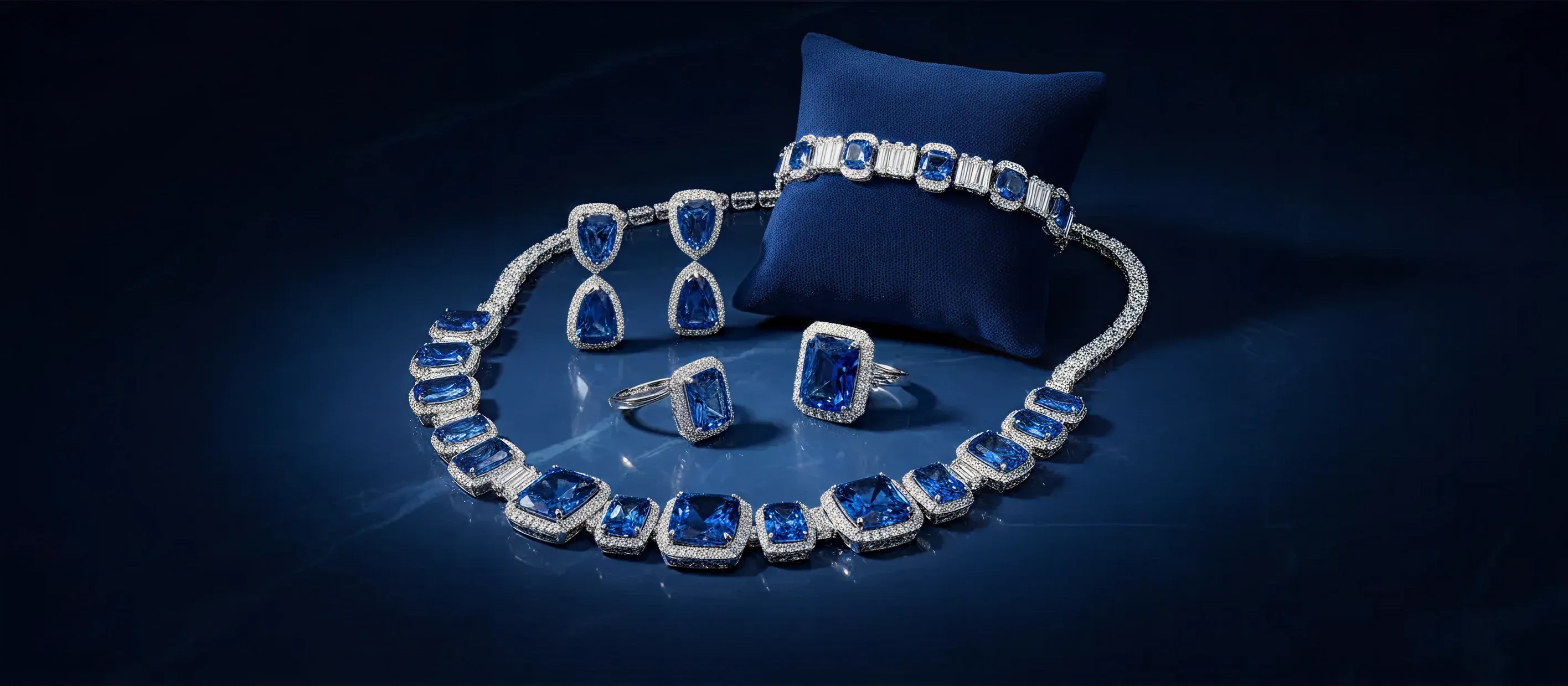 Elegant blue sapphire jewelry set on a dark blue surface, including a necklace, bracelet, earrings, and rings, exuding luxury and sophistication.