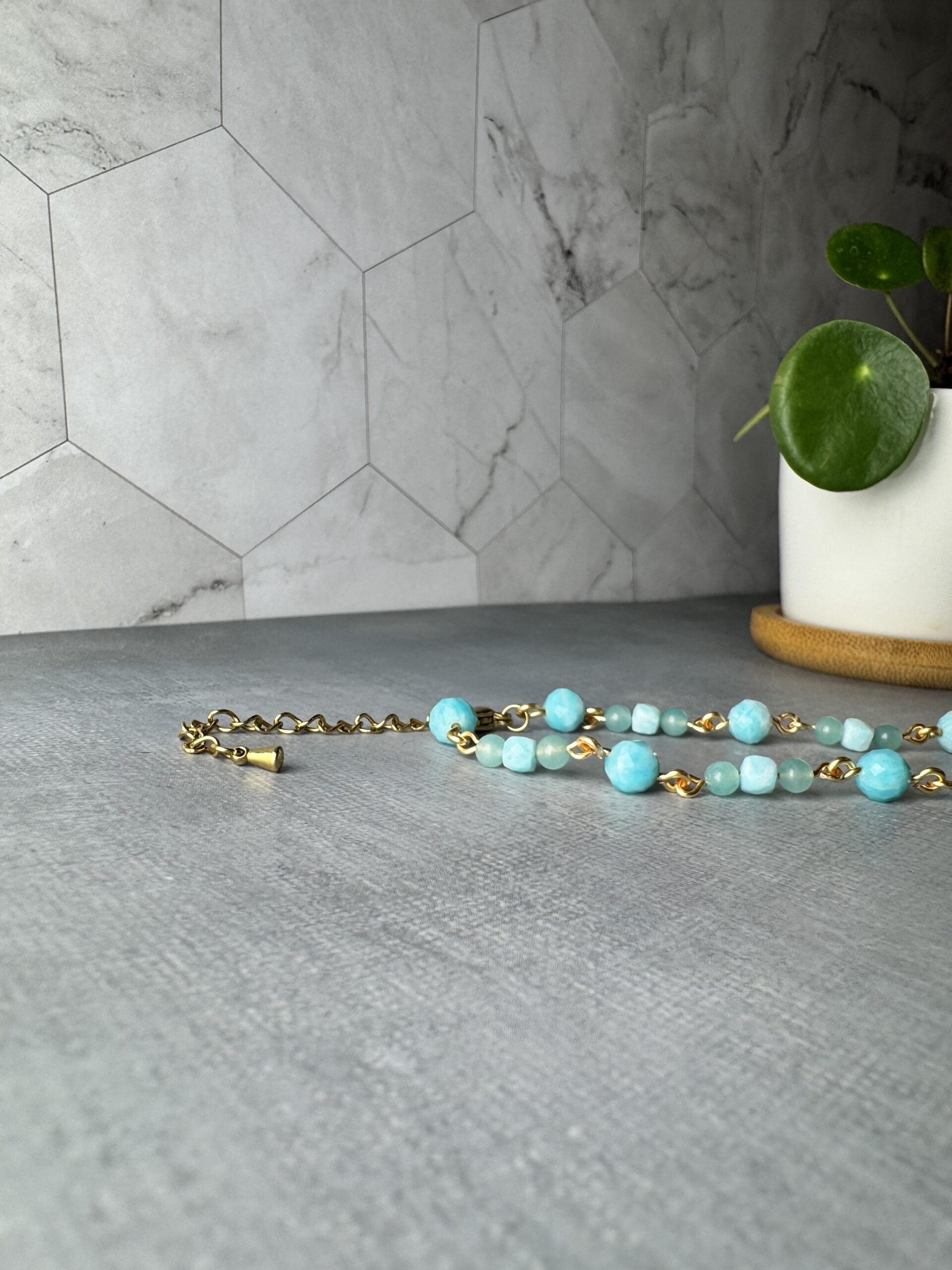 Amazonite Linked Necklace – 6mm Faceted & 4mm Round Amazonite, Gold Plated Wire Wrapped Chain (18” + 5cm Extension) - Image 7