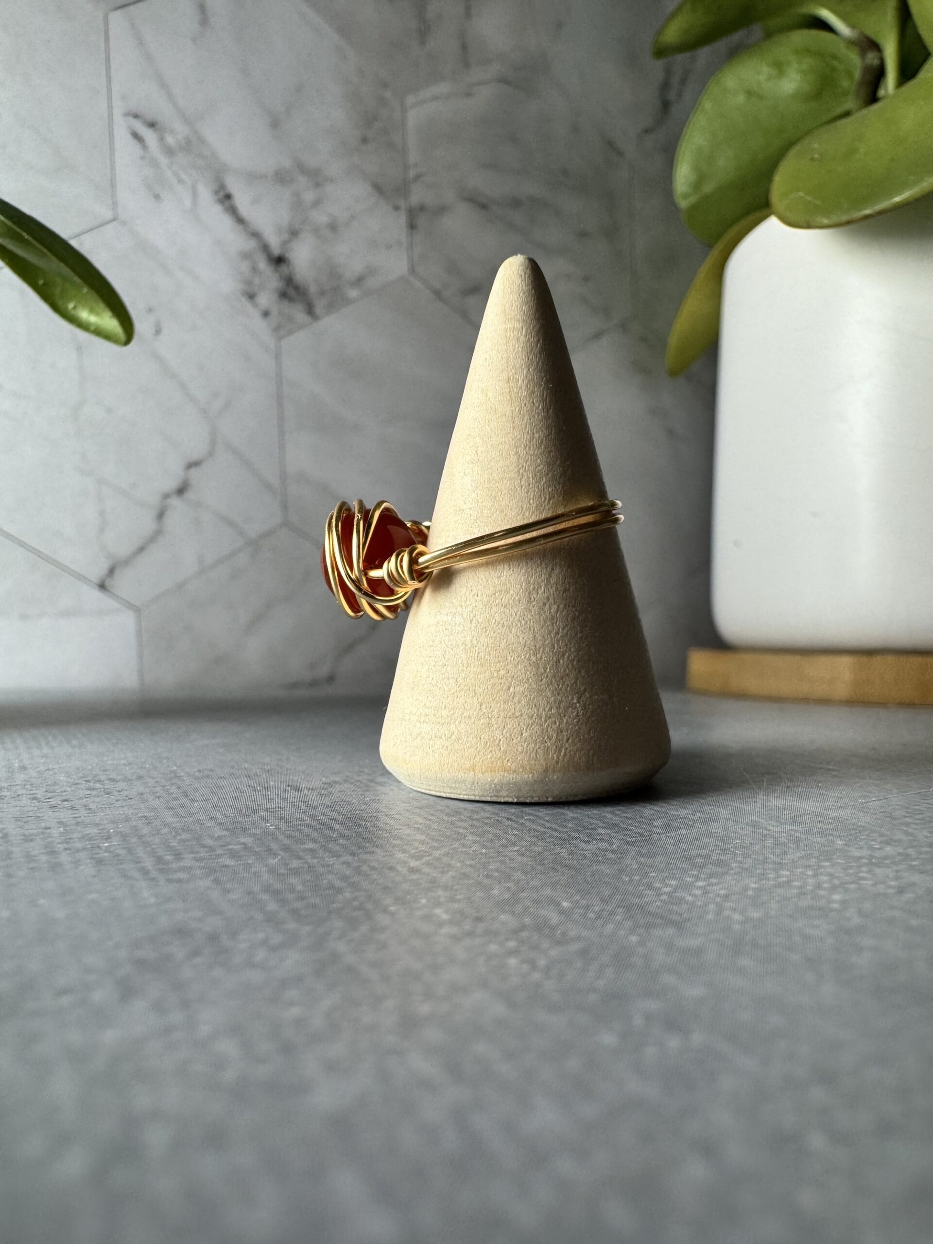 Red Agate Wire Wrapped Ring – Gold Plated - Image 4