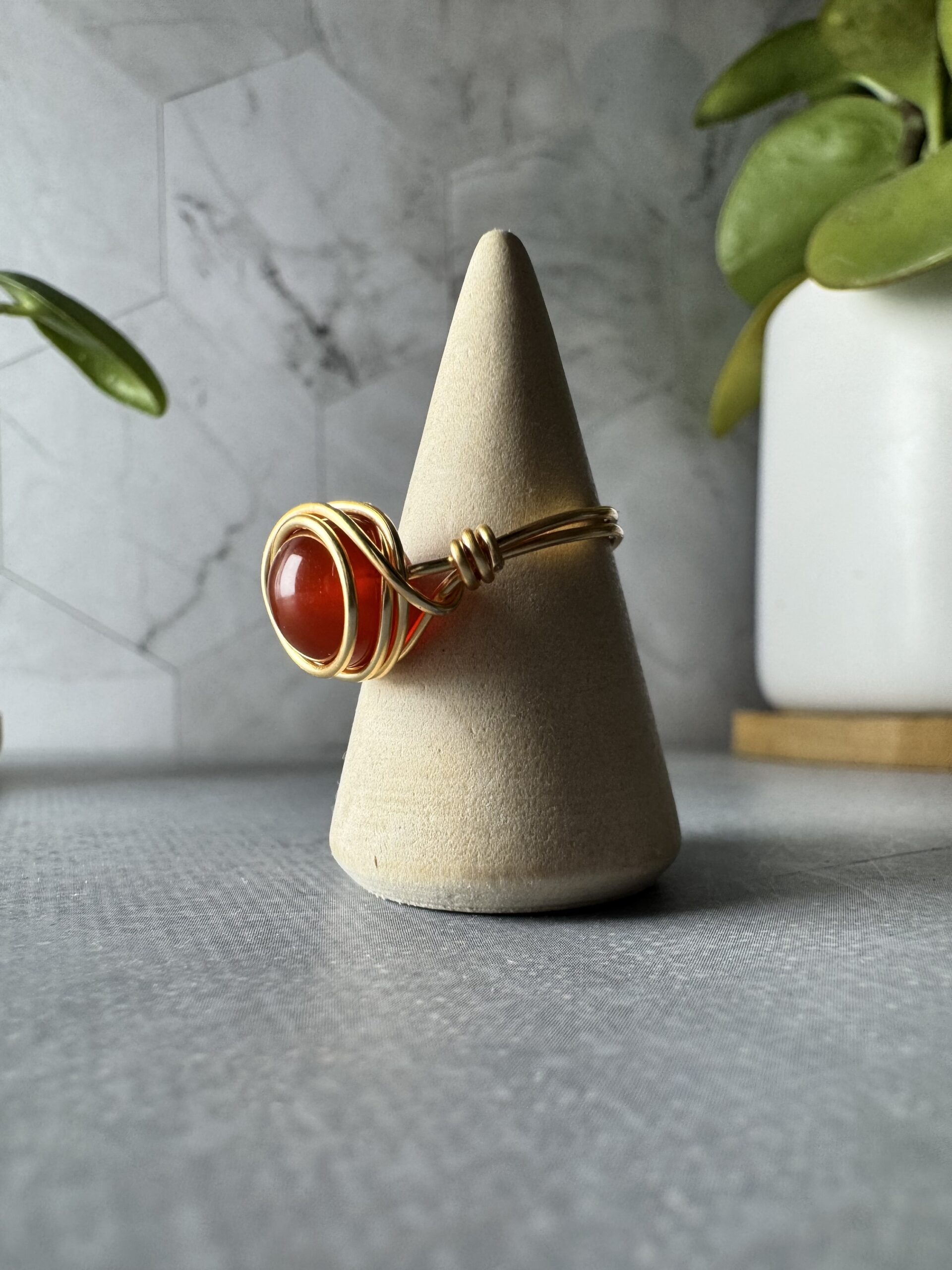 Red Agate Wire Wrapped Ring – Gold Plated - Image 7