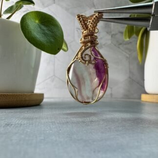 Fluorite Wire Wrapped Pendant Necklace – Gold Plated Wire, Purple Green Fluorite Crystal, Handmade Statement Stone Jewelry