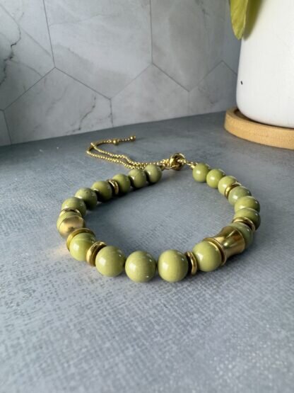 Alashan Agate Bead Bracelet – Olive Green Gemstone Bracelet, 18K PVD Gold Plated Stainless Steel, Adjustable Slider Bracelet - Image 2