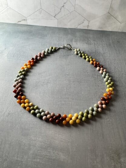 Rainbow Alashan Agate Woven Necklace – 6mm Beads, Sterling Silver Push Clasp - Image 2