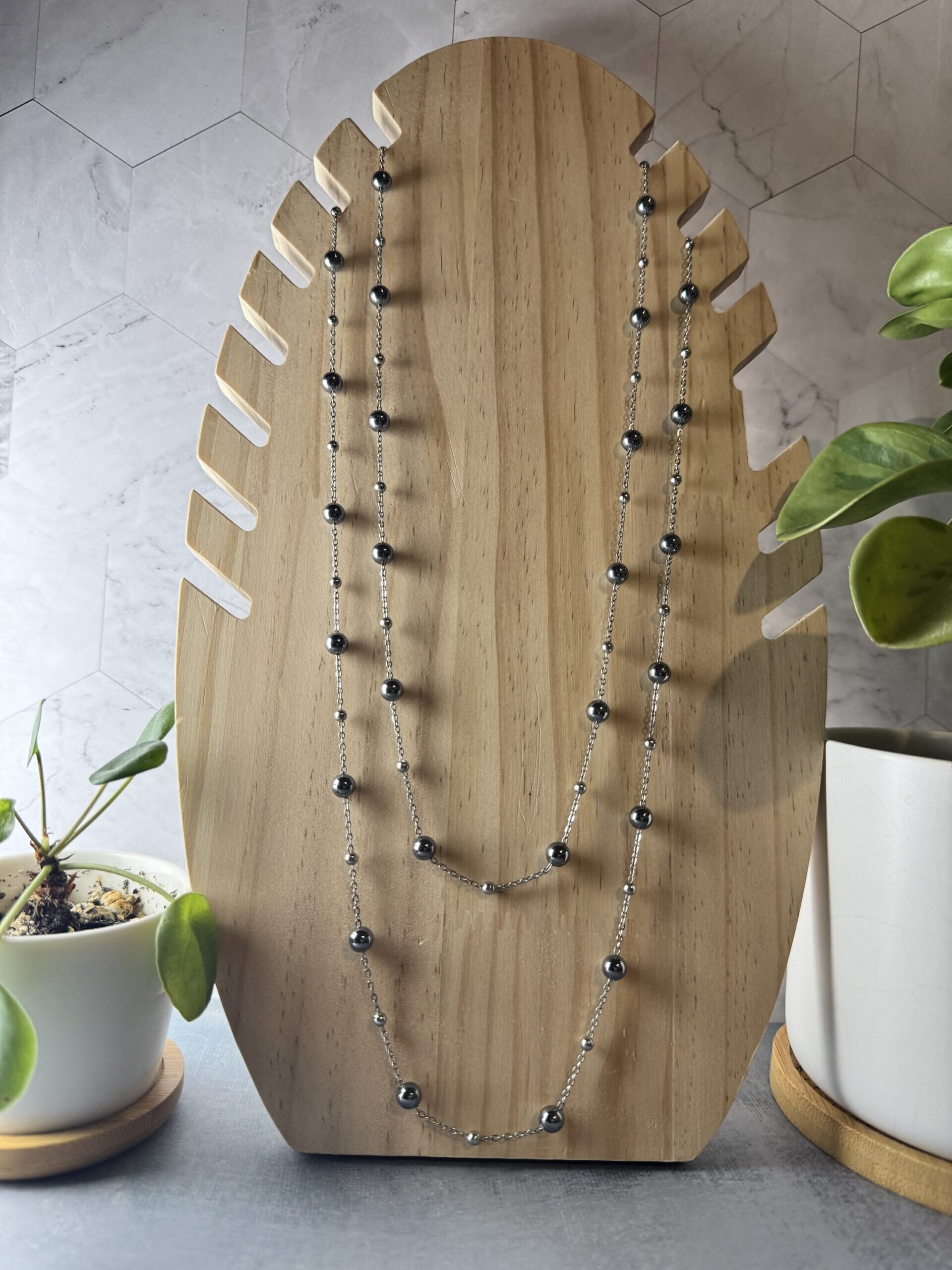 Terahertz Double Layer Satellite Necklace – Gunmetal Black Gemstone with Stainless Steel Beads – Minimalist Layered Chain Necklace - Image 5