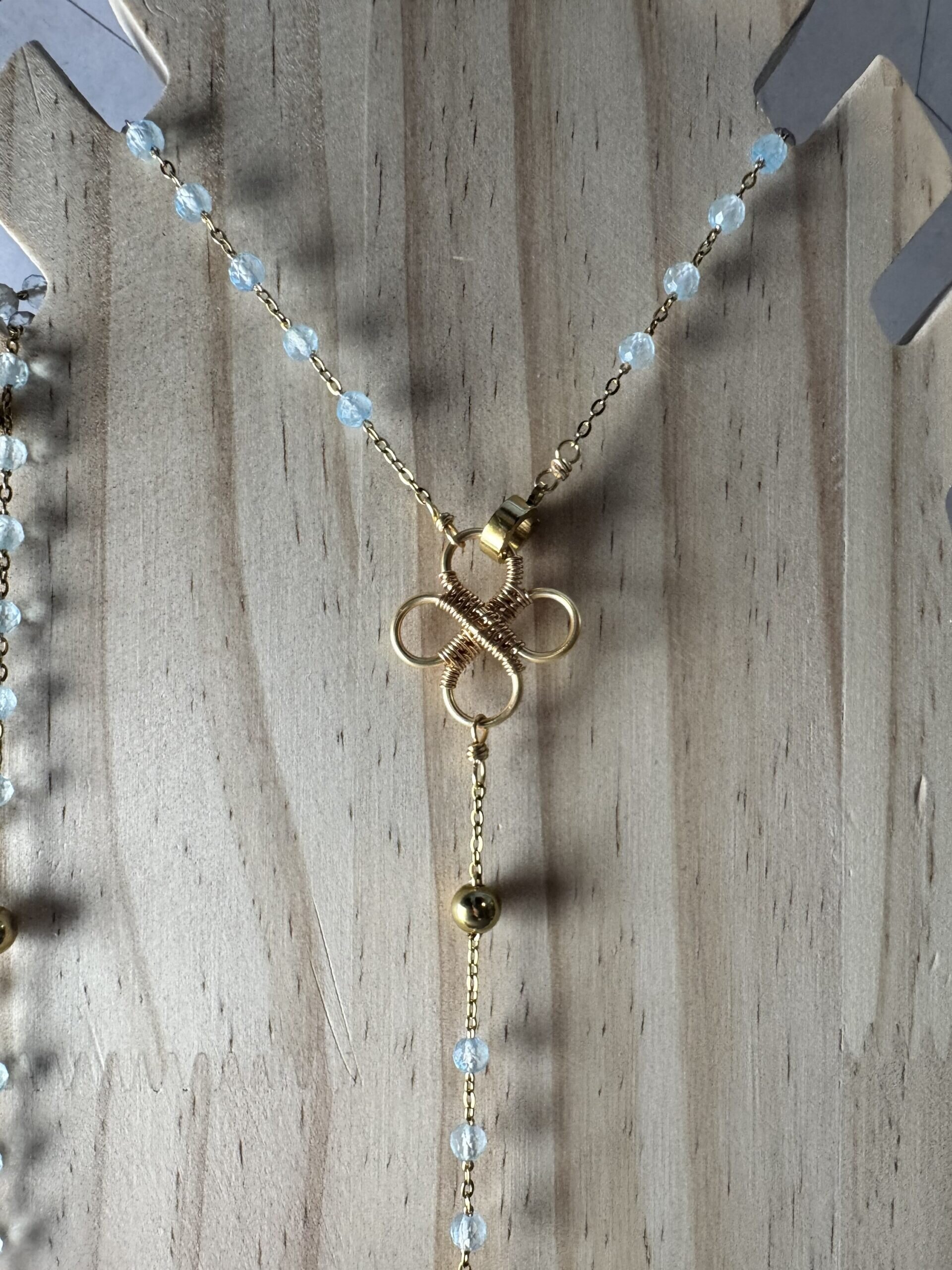 Blue Topaz Rosary Necklace – Hand Wire Wrapped Cross, Gold Plated Wire, Stainless Steel Chain, Faceted Topaz Beads, Wearable Rosary - Image 6