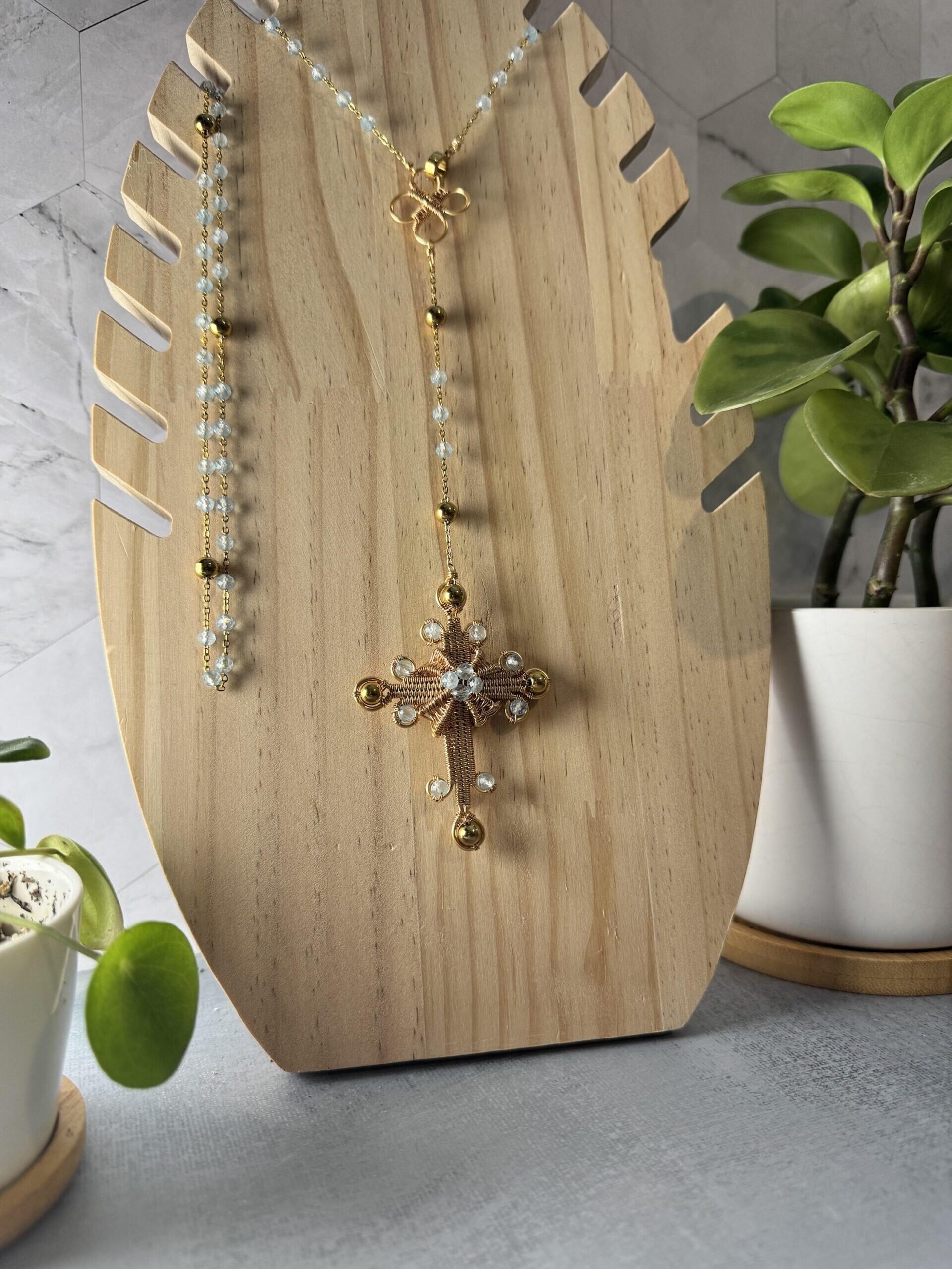 Blue Topaz Rosary Necklace – Hand Wire Wrapped Cross, Gold Plated Wire, Stainless Steel Chain, Faceted Topaz Beads, Wearable Rosary - Image 4