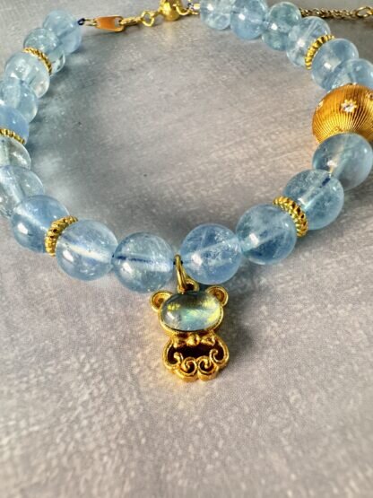 Deep Blue Aquamarine Bear Bracelet – Natural Aquamarine Bracelet with Gold Plated Sterling Silver Bear Charm - Image 3