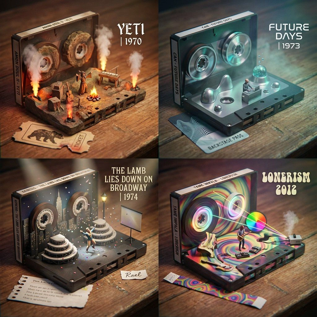 AI-generated music recommendation system with cassette tape concert worlds - Example 1