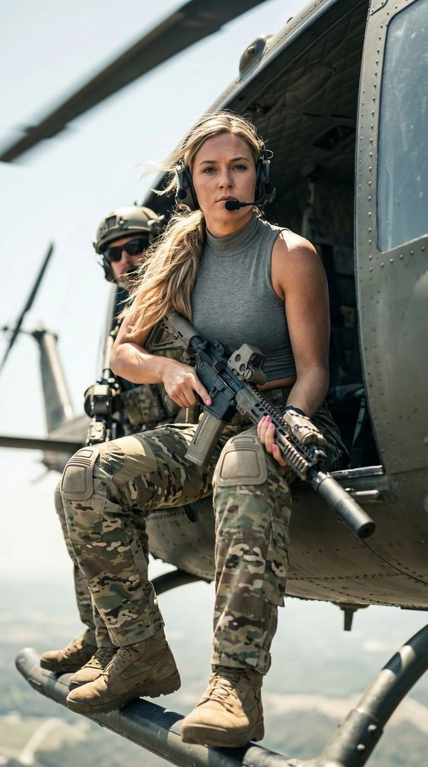 Blonde Tactical Operator on Helicopter Skid in Flight