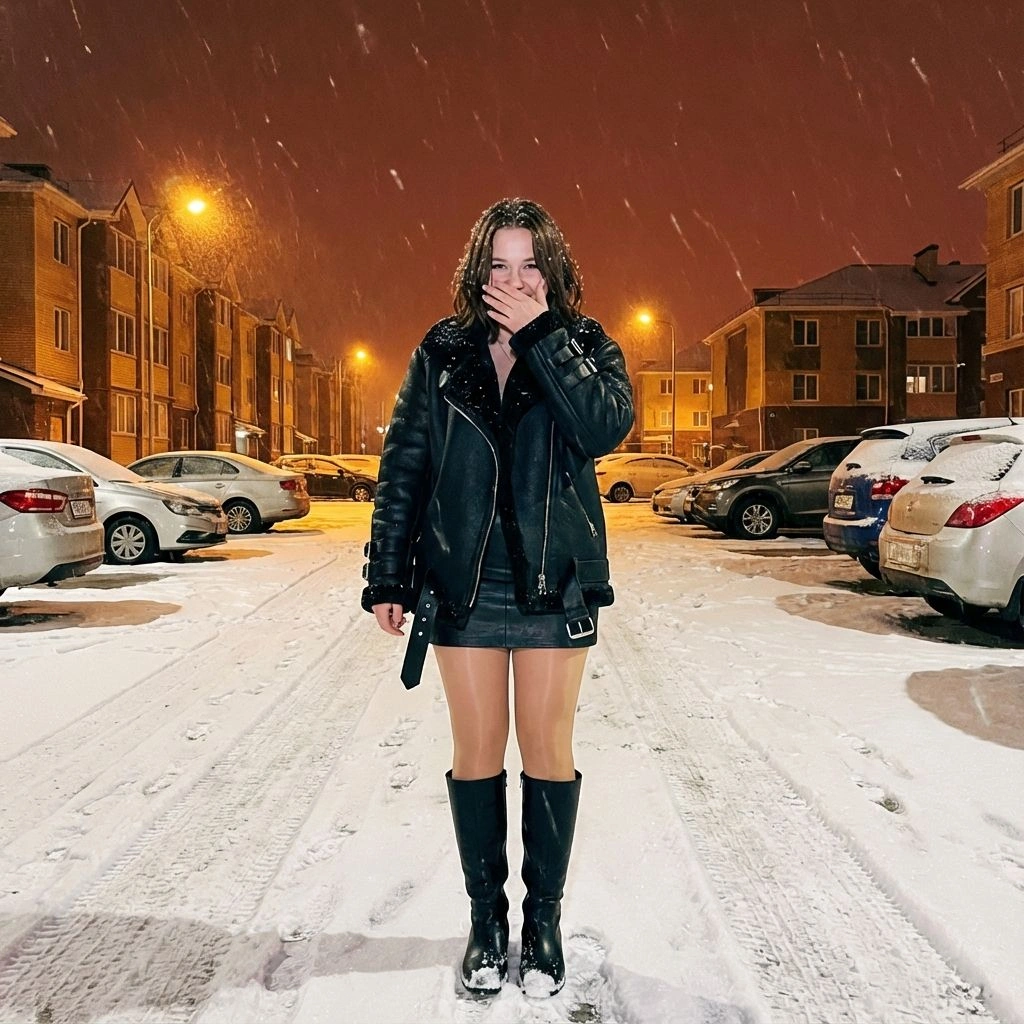 Candid Winter Night Portrait in Snowy Parking Lot