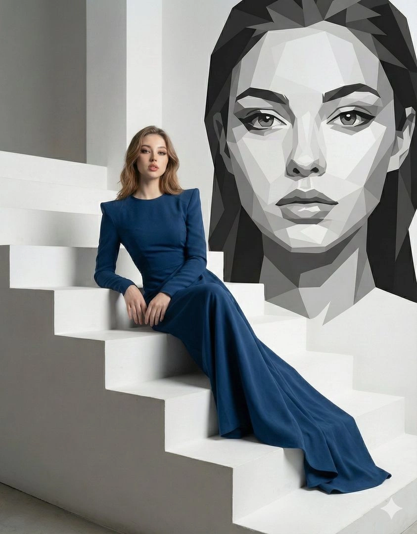 Cinematic Fashion Portrait with Geometric Background